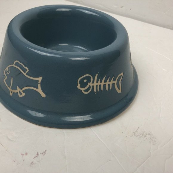 Cat Bowl Dish Food Water Blue Fish Bone Meow Ceramic - Picture 3 of 8